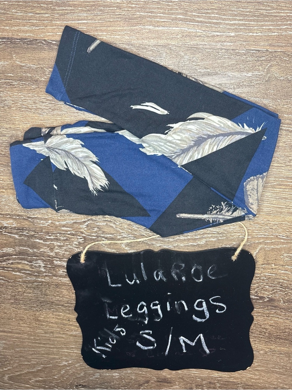 LuLaRoe Kids Leggings Blue Black with Cream Feather Print